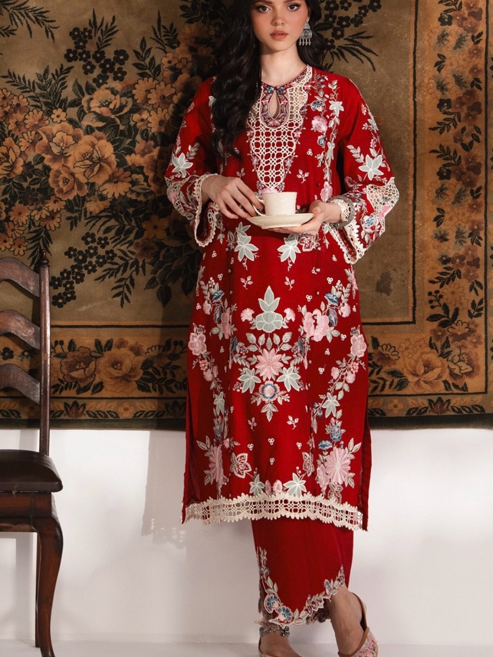 Embroidered Red Floral Kurta Set